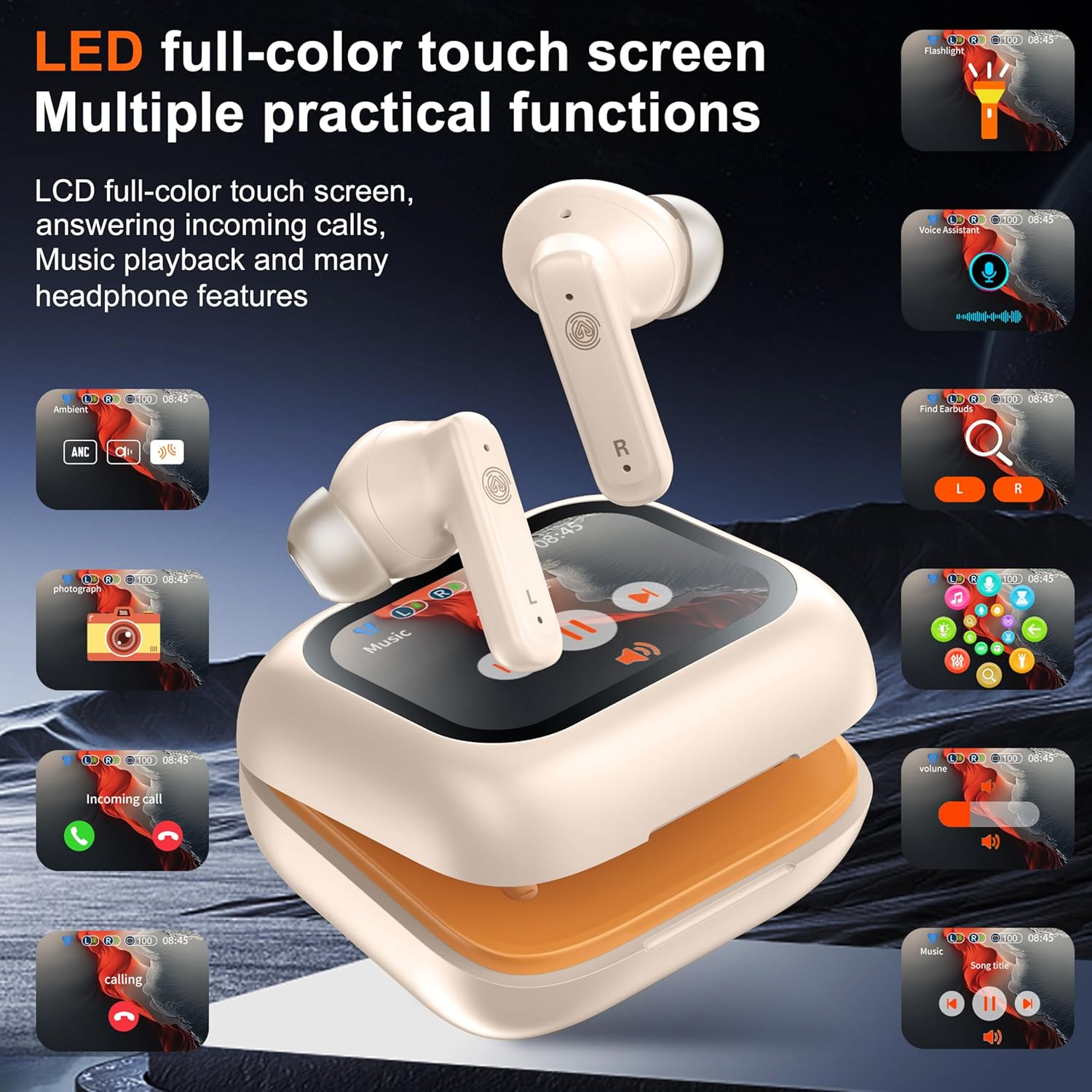 Wireless Earbuds Bluetooth 5.4 Headphones, Touch Screen, Active Noise Cancelling