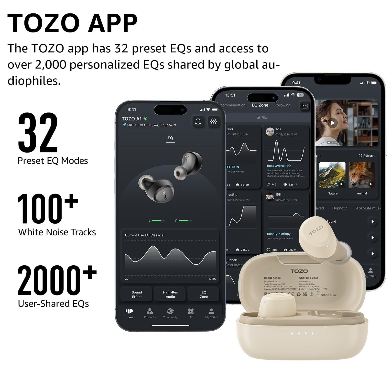 TOZO A1 Bluetooth 5.3 Wireless Earbuds Headphones, Khaki (Renew)