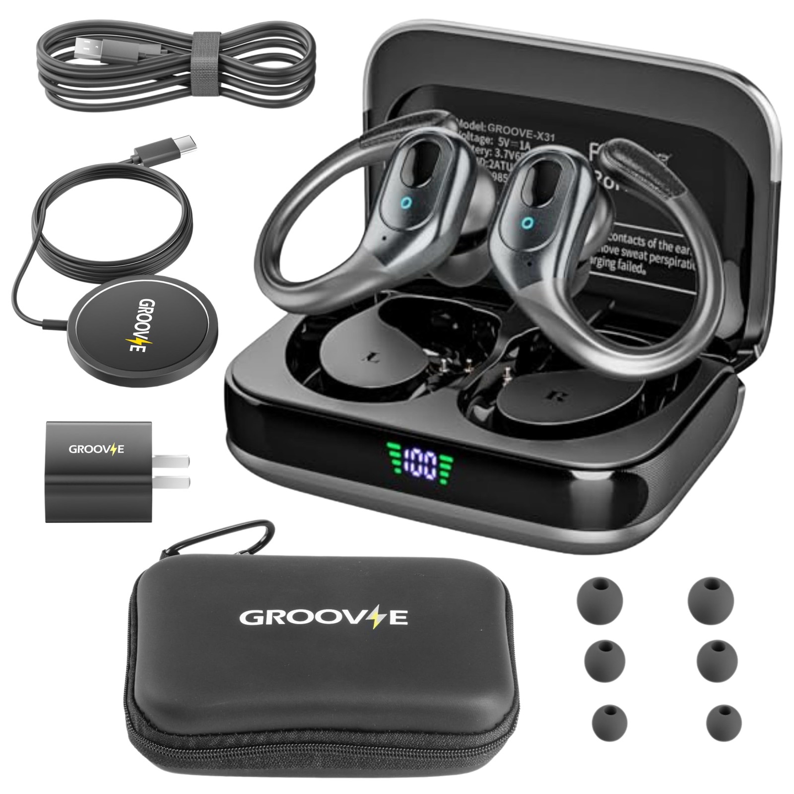 Groove 4-in-1 Wireless Earbuds w/Charging Case – 80 Hours Playtime Black