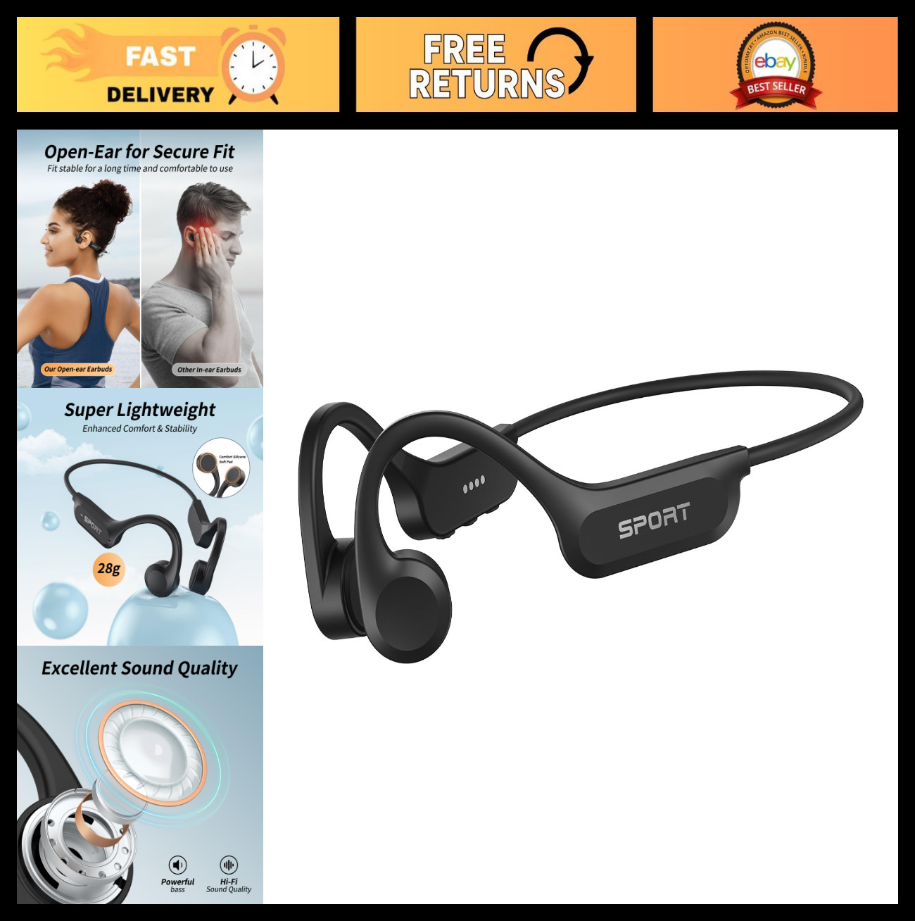 Wireless Bone Conduction Headphones, Bluetooth 6.0, Open Ear, Mic, IPX6 Waterpro