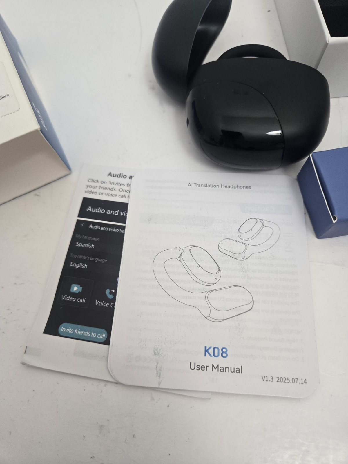 K08 Wireless Bluetooth AI Translation Headphones Earbuds BLACK