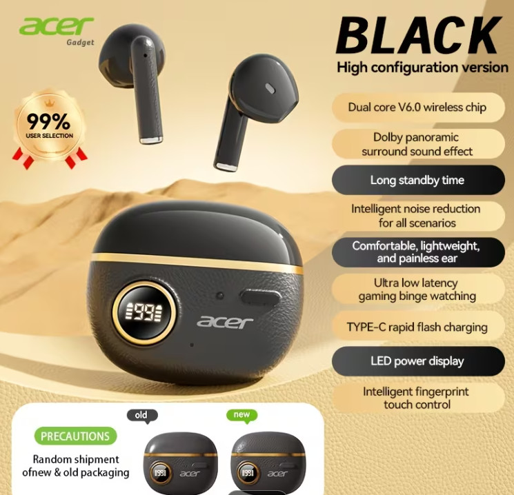 Acer TWS Wireless Rechargeable Ear Buds Headset 0HR544 Black Sealed