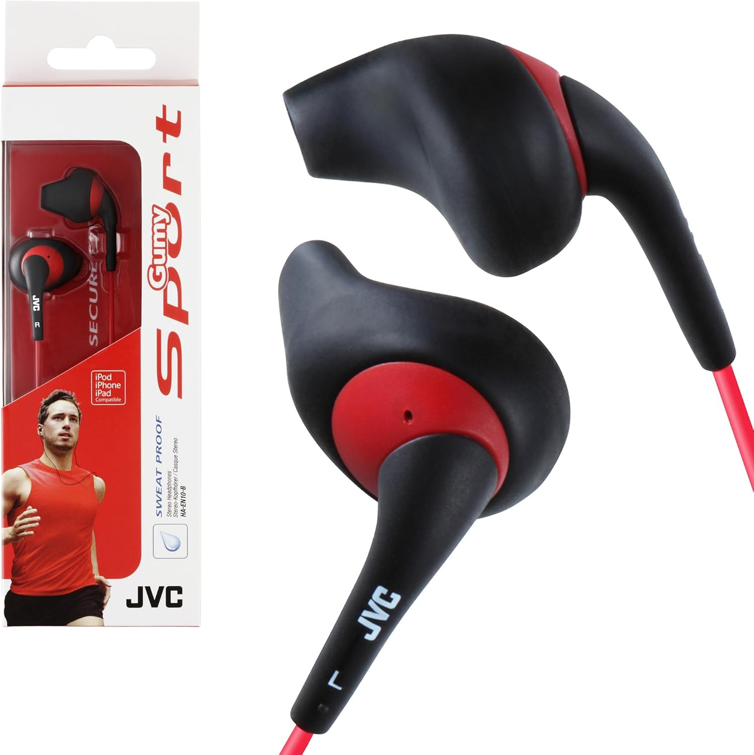 Black and Red Nozzel Secure Comfort Fit Sweat Proof Gumy Sport Earbuds with Long