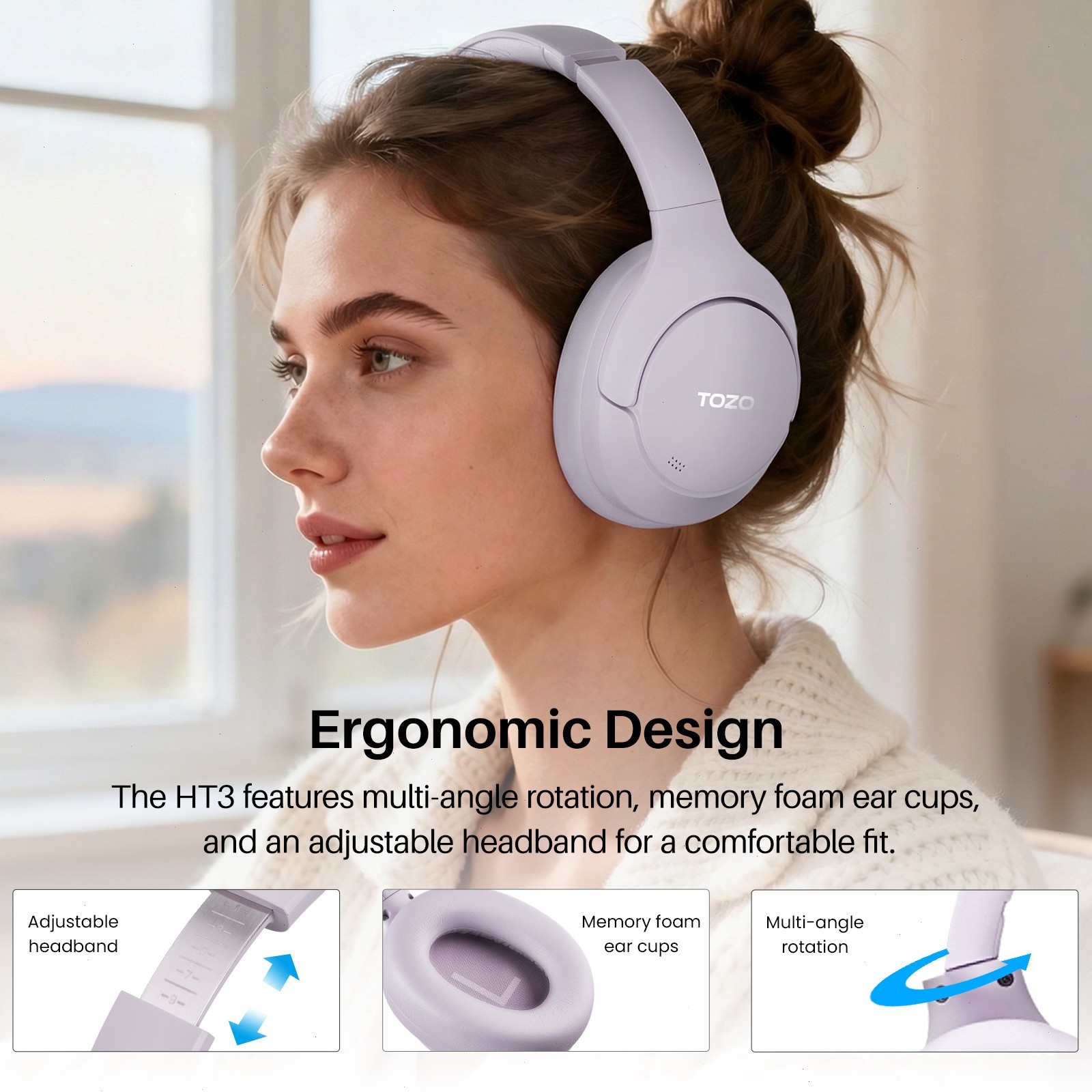 TOZO HT3 Wire/Wireless Headphones Over-Ear Bluetooth 6.0 Headset – Purple