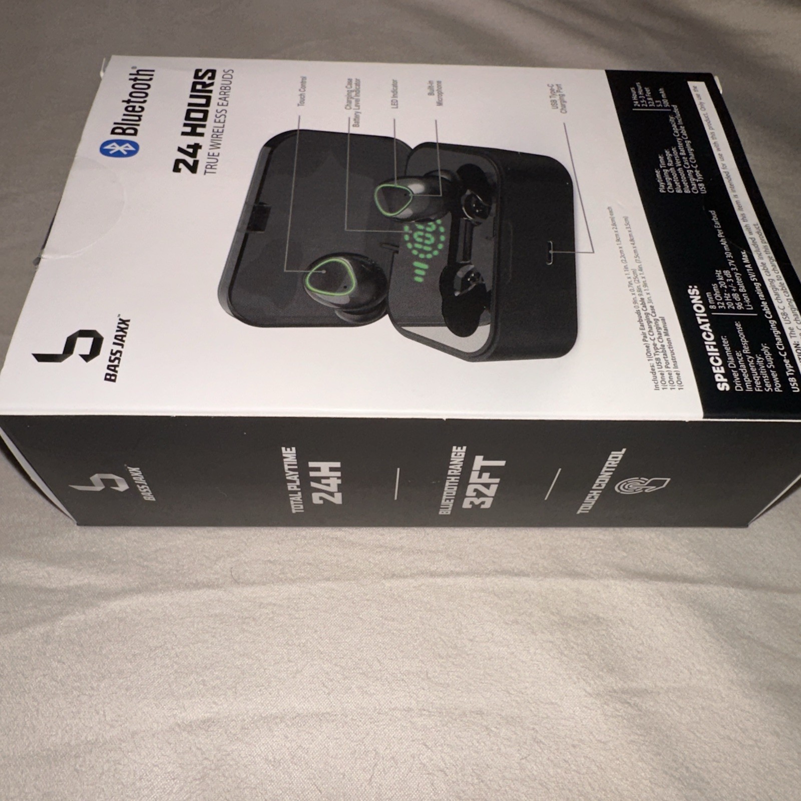 Bass Jaxx 24 Hours True Wireless Bluetooth Earbuds Black Touch Control w/ Mic