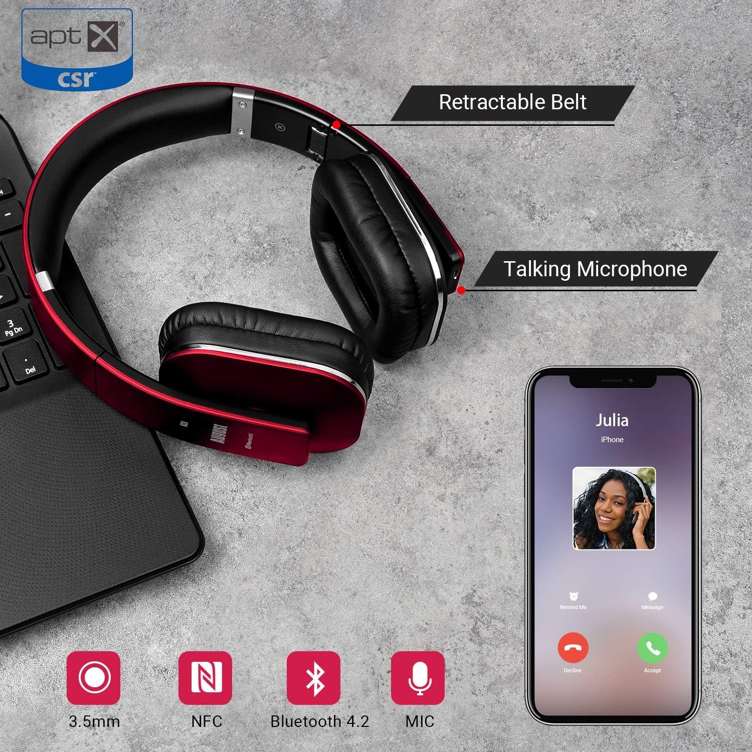 August EP650 Bluetooth Wireless Over-Ear Headphones with aptX Low Red
