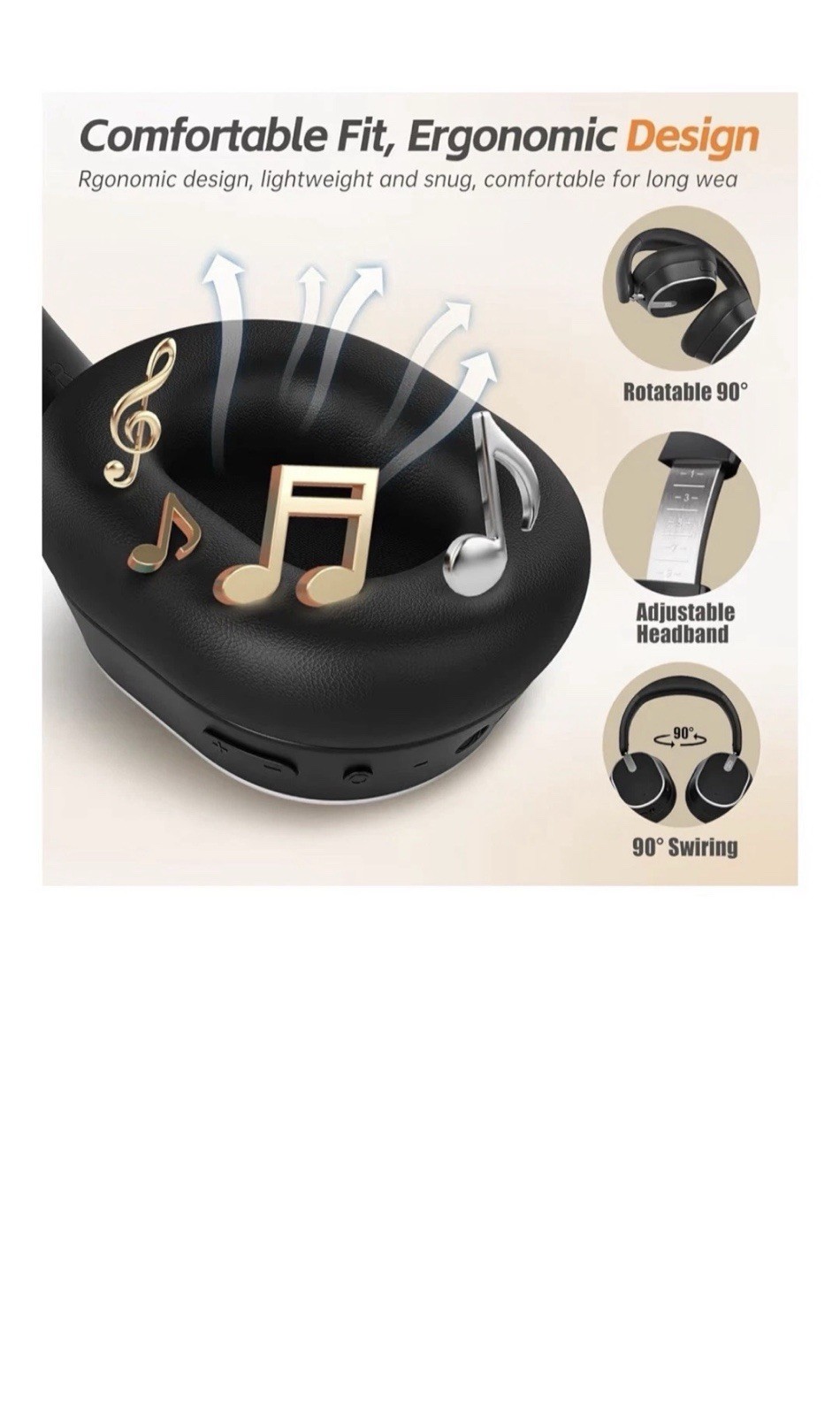 COOSII Black Bluetooth Over-Ear Headphones, Adjustable Headband, Rotatable 90°