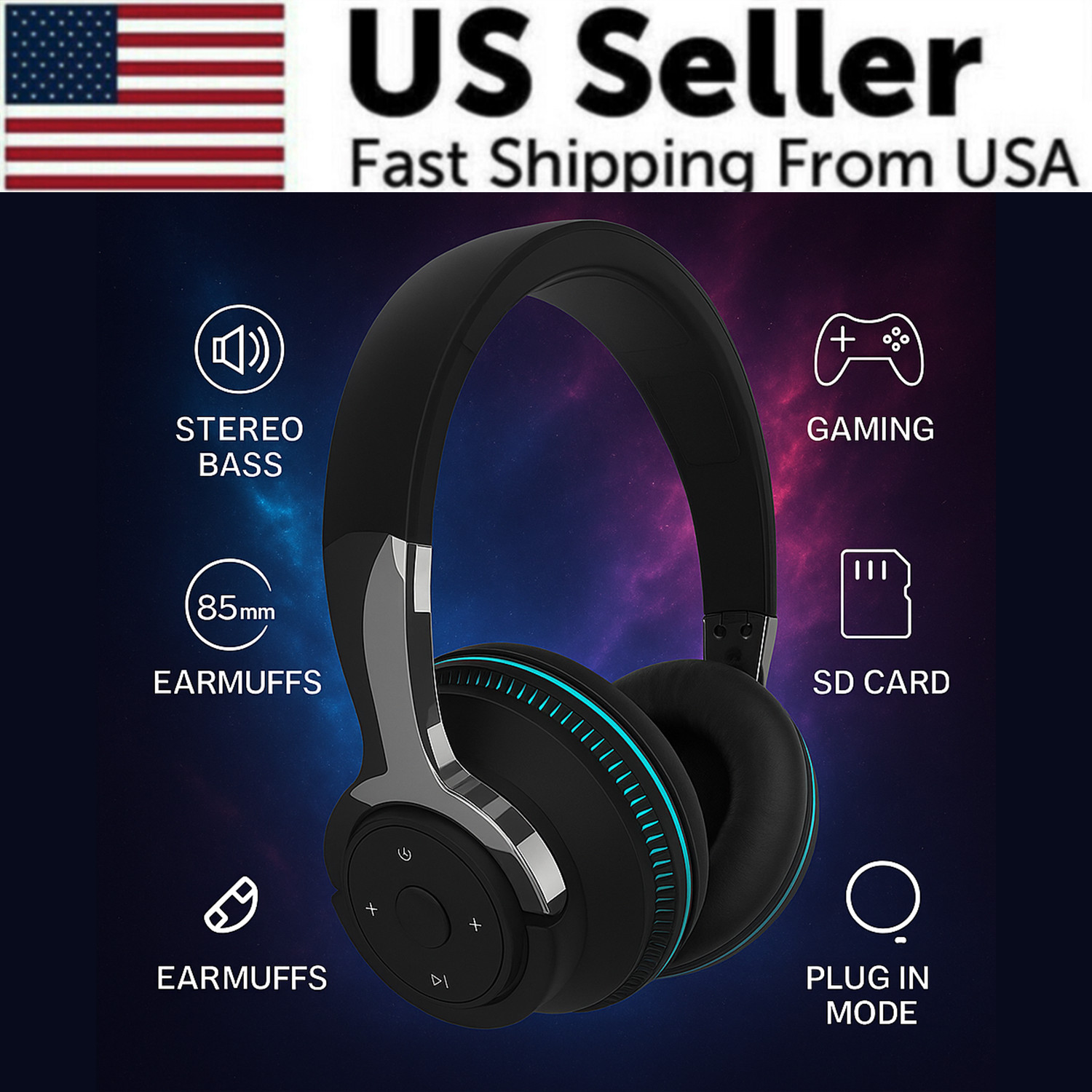 Wireless Bluetooth 5.1 Headphones Over Ear LED Headset Stereo Noise Cancelling
