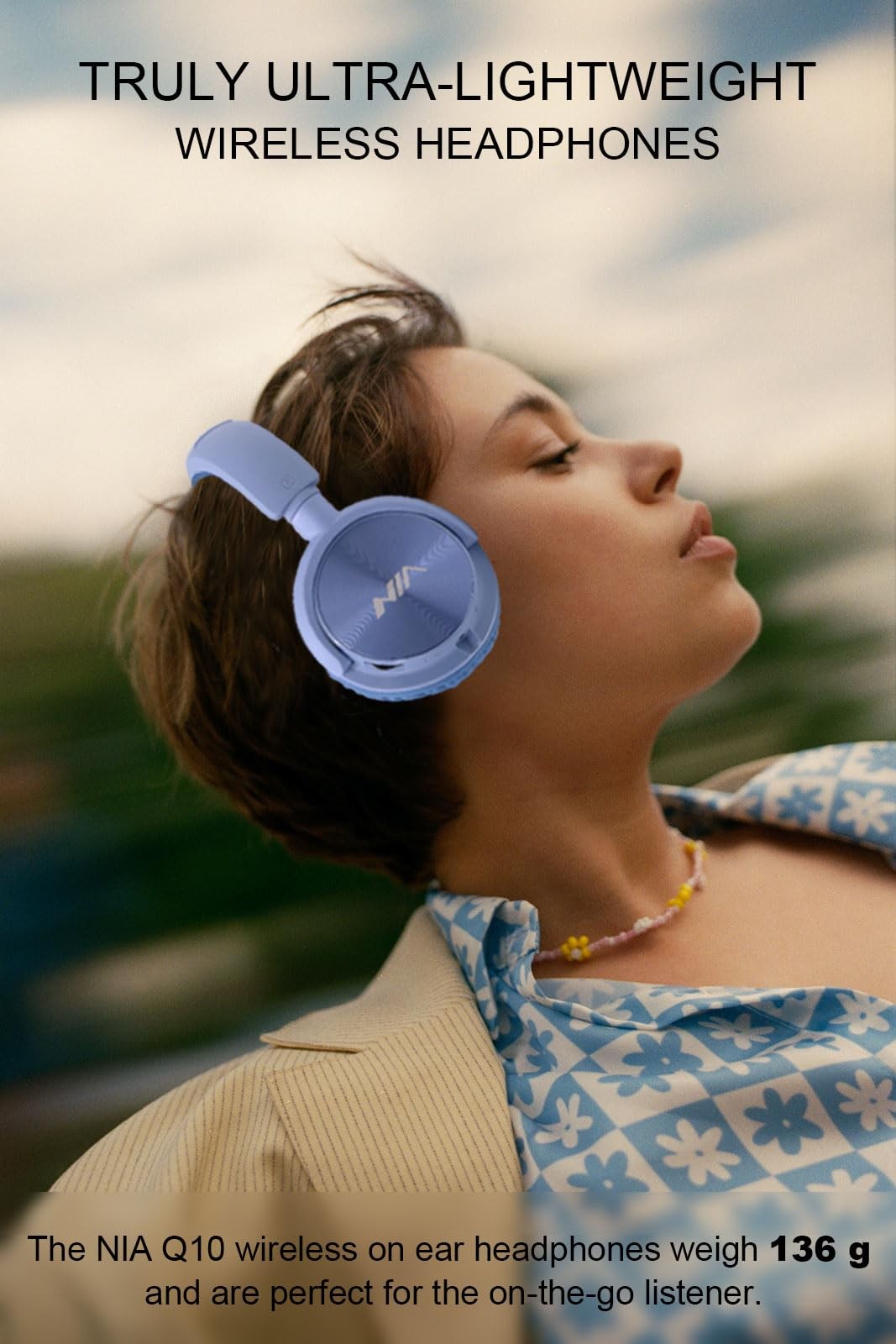 Wireless On Ear Headphones Q10 HiFi Stereo Mic FM SD/TF 12 Hours Playtime Blue