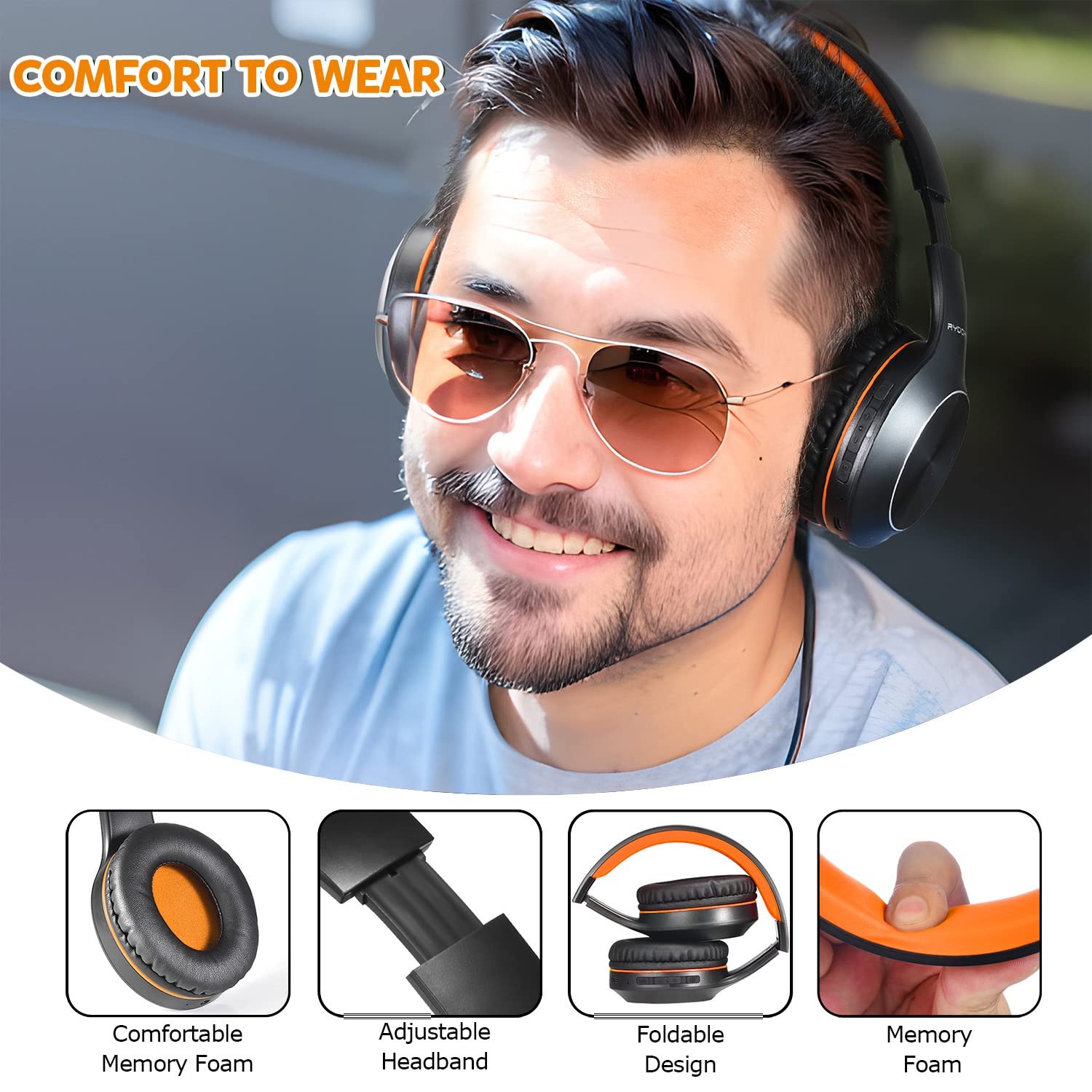 Rydohi Bluetooth Headphones Over Ear, 68H Playtime and Black Orange