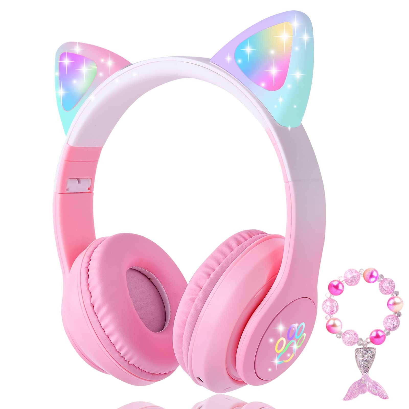 KORABA Cat Ear Kids Headphones Bluetooth, LED Light up mediun, Pink