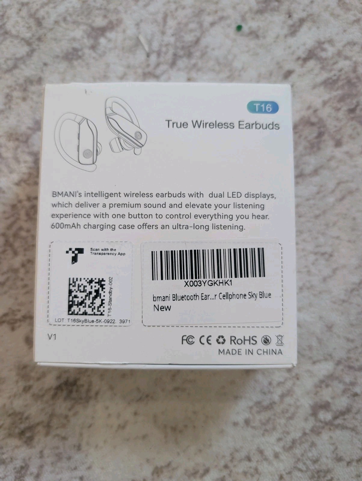 Bmani T16 True Wireless Earbuds, Sky Blue New in Box