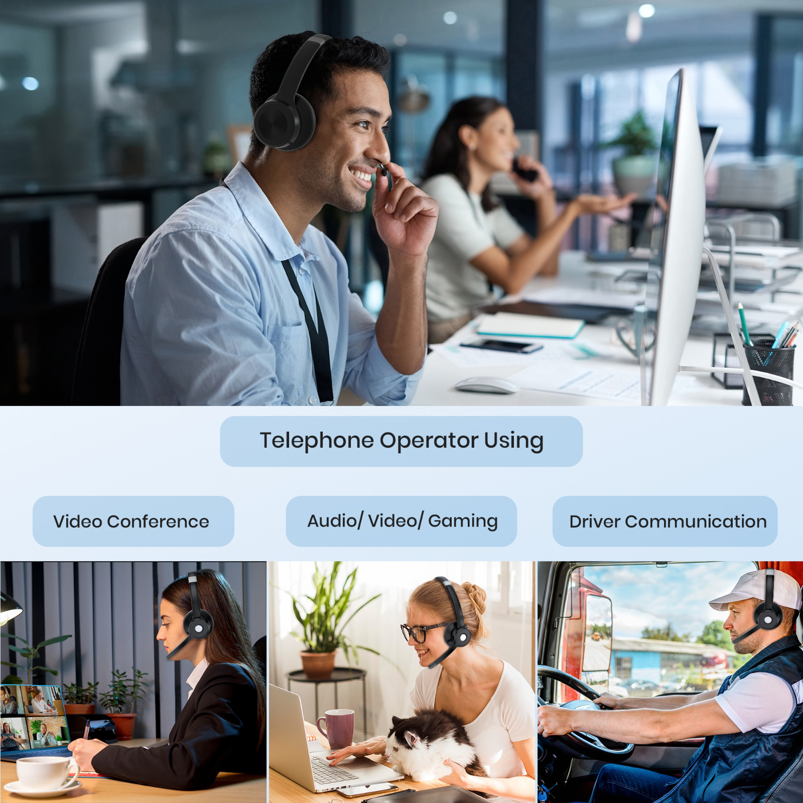 Wireless Bluetooth Headset w/ Mic Noise Cancellation For Phones PC Skype Meeting