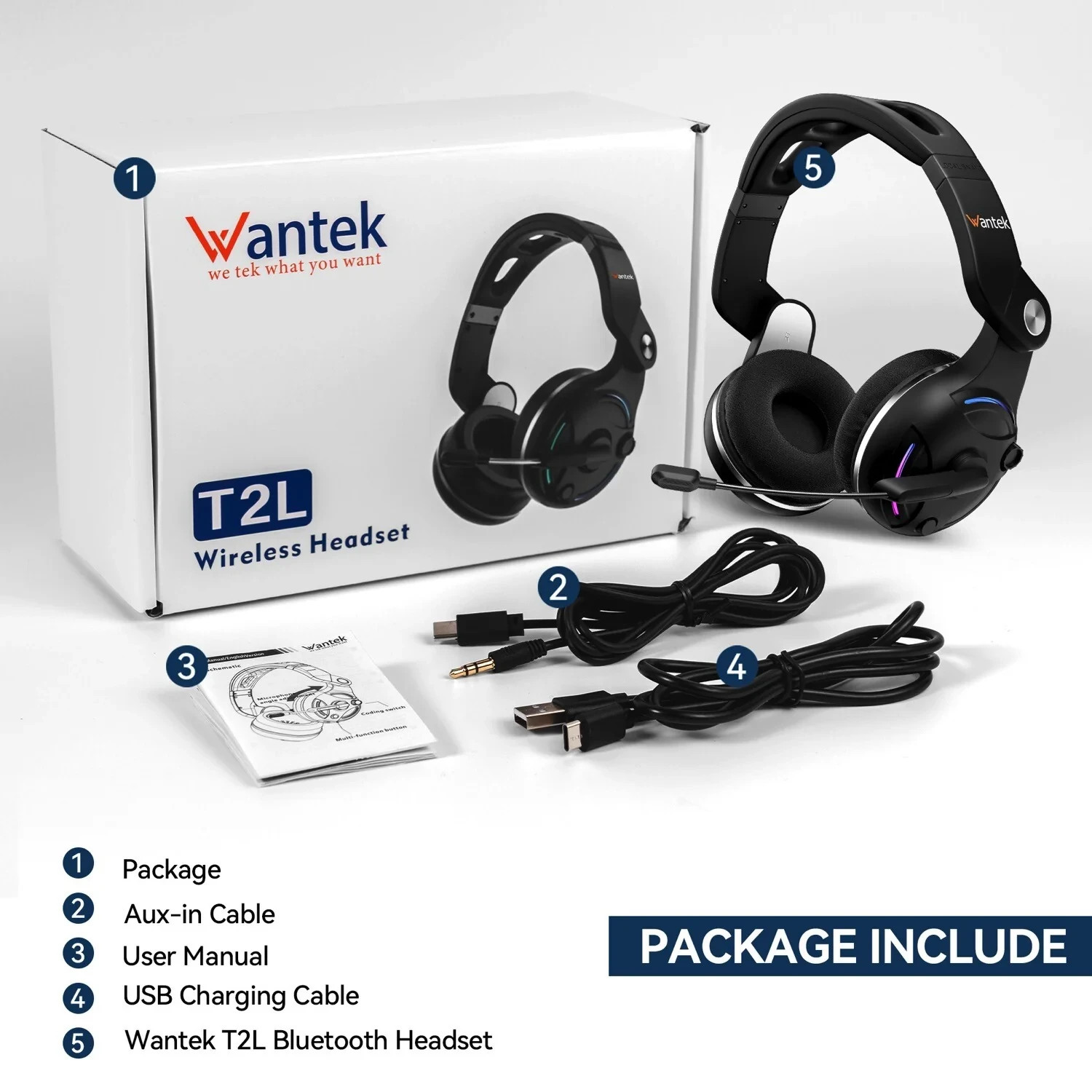 Wantek Bluetooth T2L Headphone with Mic Foldable Wireless Headset 4 PC/Cellphone