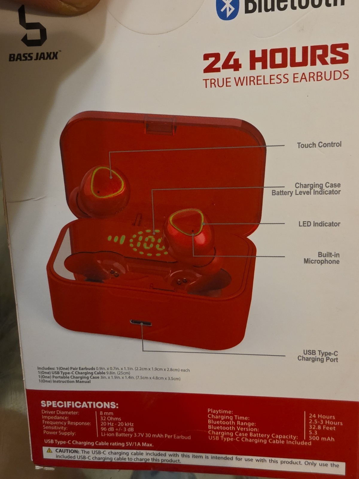Bass Jaxx 24 Hours True Wireless Earbuds Bluetooth Touch Control USB-C Red