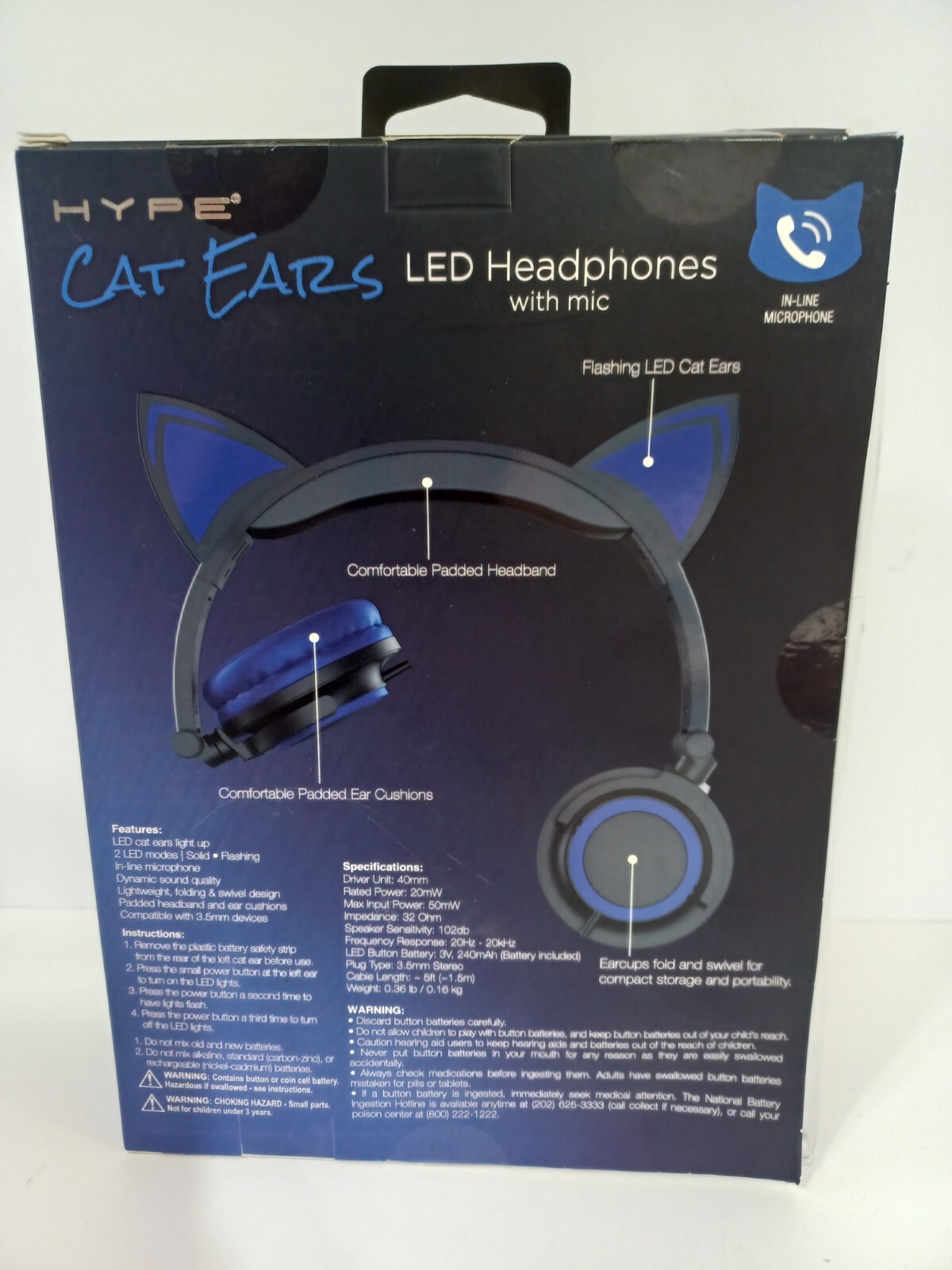 Cat Ears Flashing LED Headphones With In-line Mic Wired 3.5mm Jack By Hype New