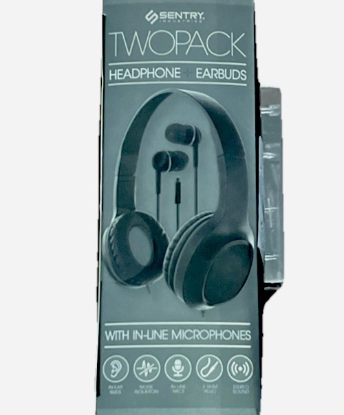 Sentry 2 Pack Folding Headphones & Ear Buds With Mic, Noise Isolation 3.5mm Plug