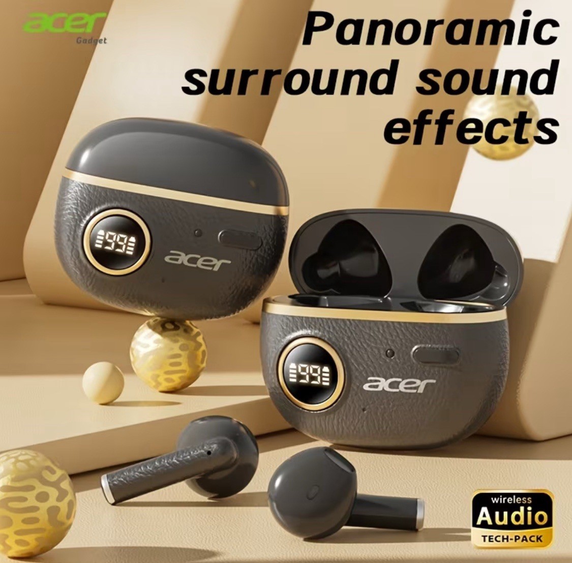 Acer Wireless Bluetooth Earbuds LED Display Noise Reduction Black Gold