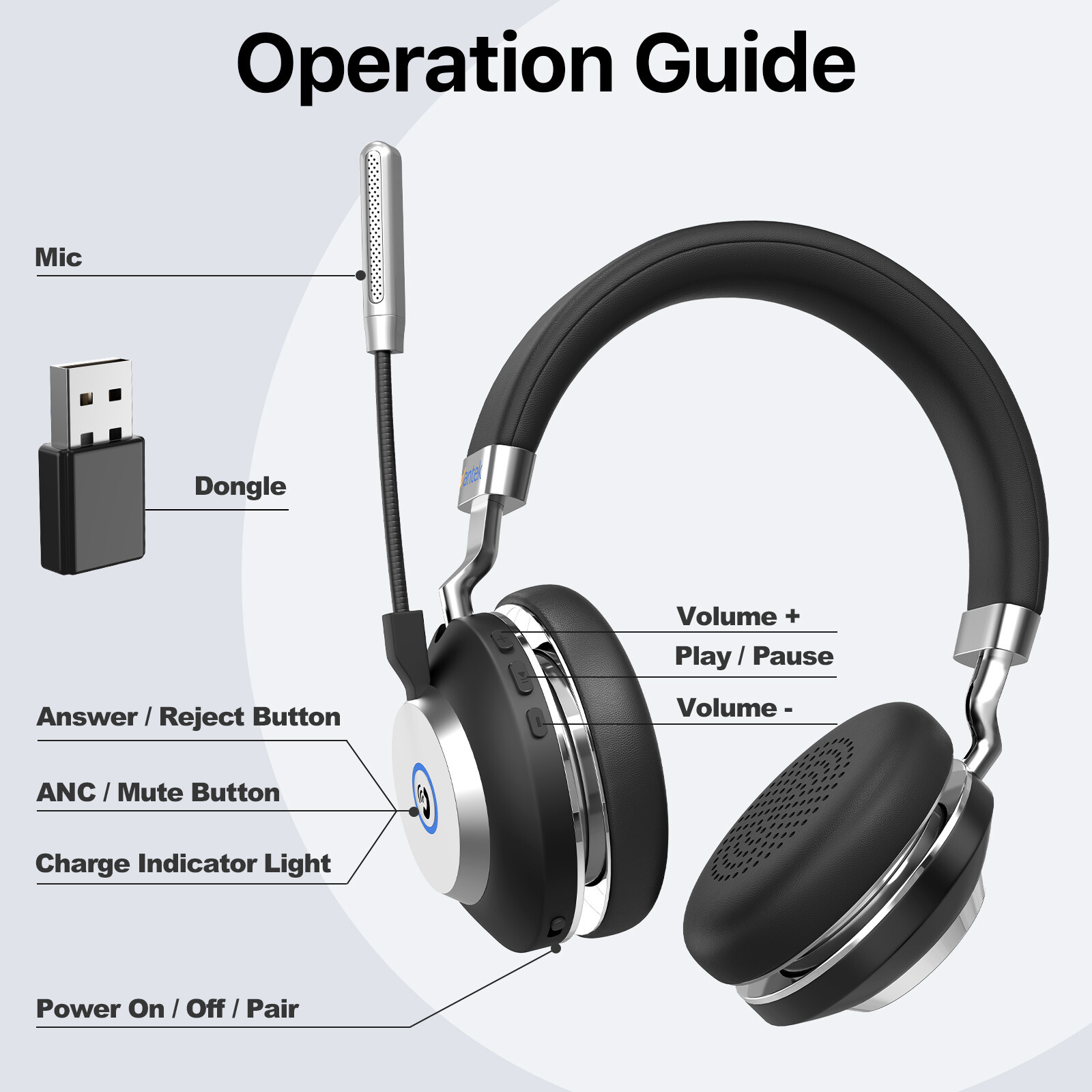 Wantek Wireless Headset with Mic USB Dongle Bluetooth Headphone for Home/Office