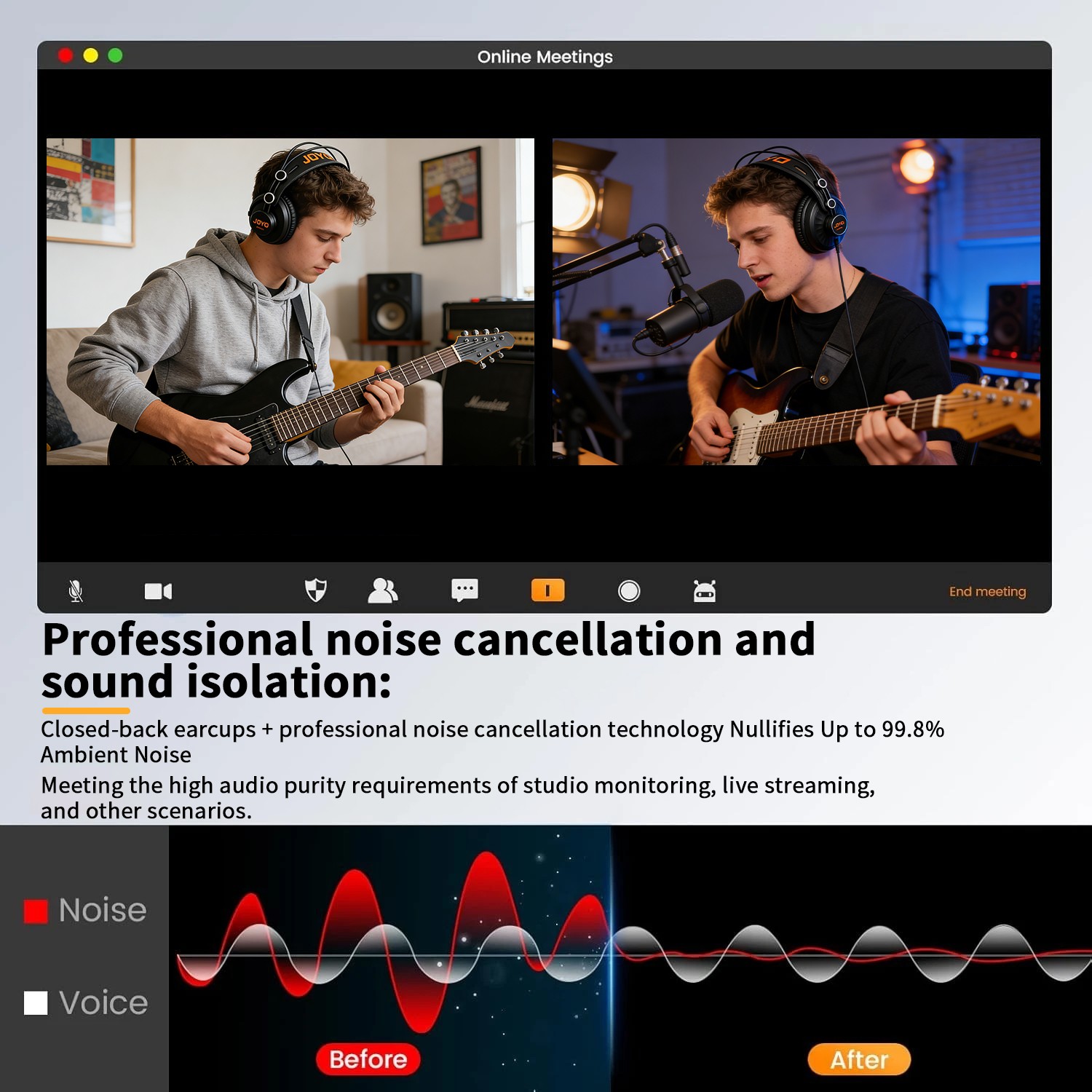 JOYO Monitor Headphones Stereo Wired Over Ear Headphone Hifi Sound Cancel Noise