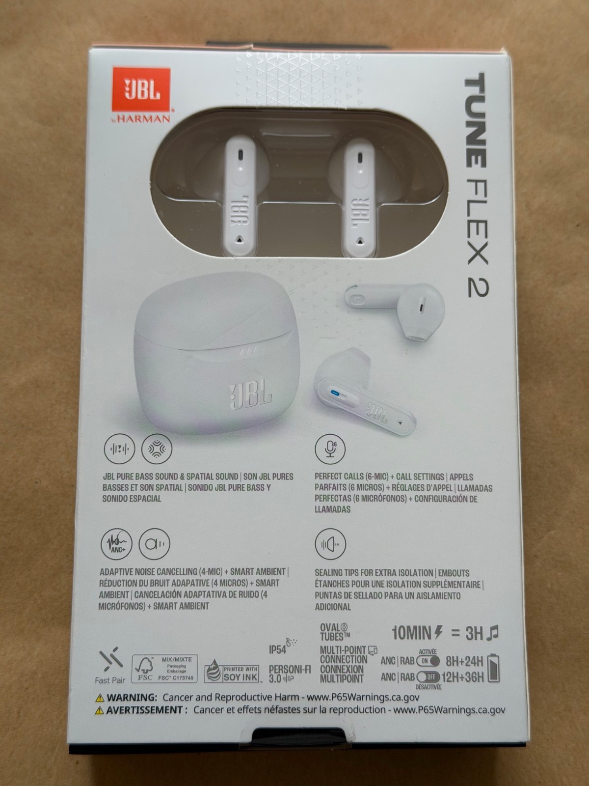 NEW JBL TUNE FLEX 2 PERFECT FIT ADAPTIVE NOISE CANCELLING WIRELESS EARBUDS WHITE
