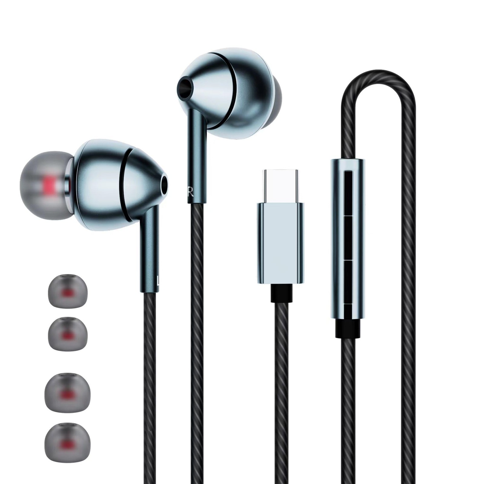 USB-C Wired Earbuds with Microphone, Volume Control, Noise Canceling, Black