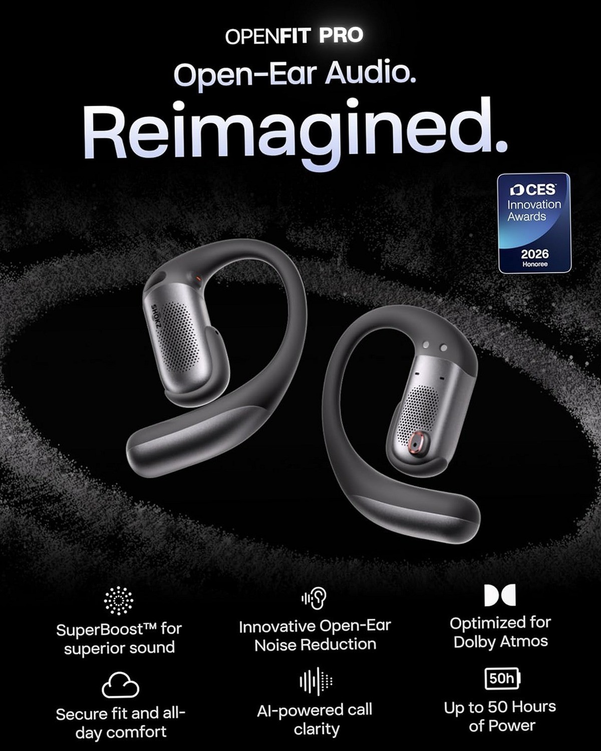 SHOKZ OpenFit Pro Open-Ear Wireless Earbuds 50H Dolby Atmos Bluetooth 6.1 Black