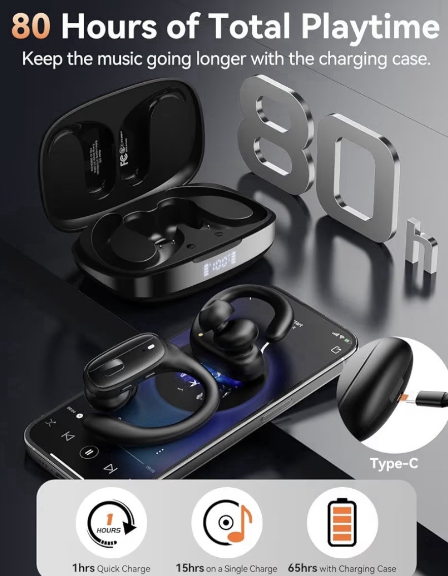 Bluetooth Wireless Ear-Hook Earbuds w/ Type-C Charging Case, 80H, Black