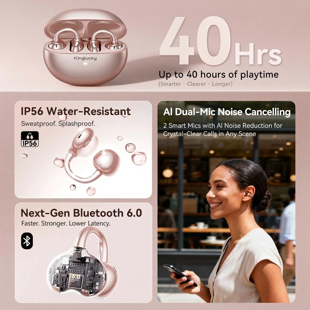 Upgraded ClipOn Earbuds Bluetooth 6.0 Wireless Open Ear 40H Play Rose Gold