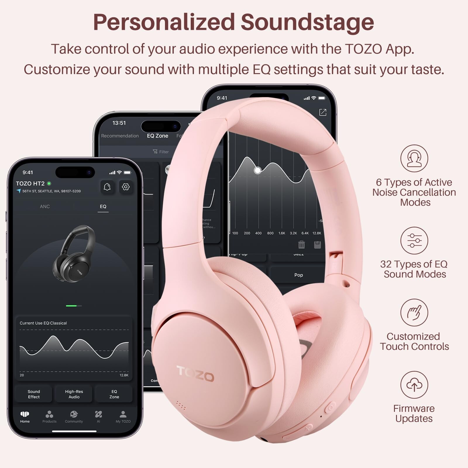 TOZO HT2 Over Ear Headphones ANC Hi-Res Audio Headset, Pink (Renew)