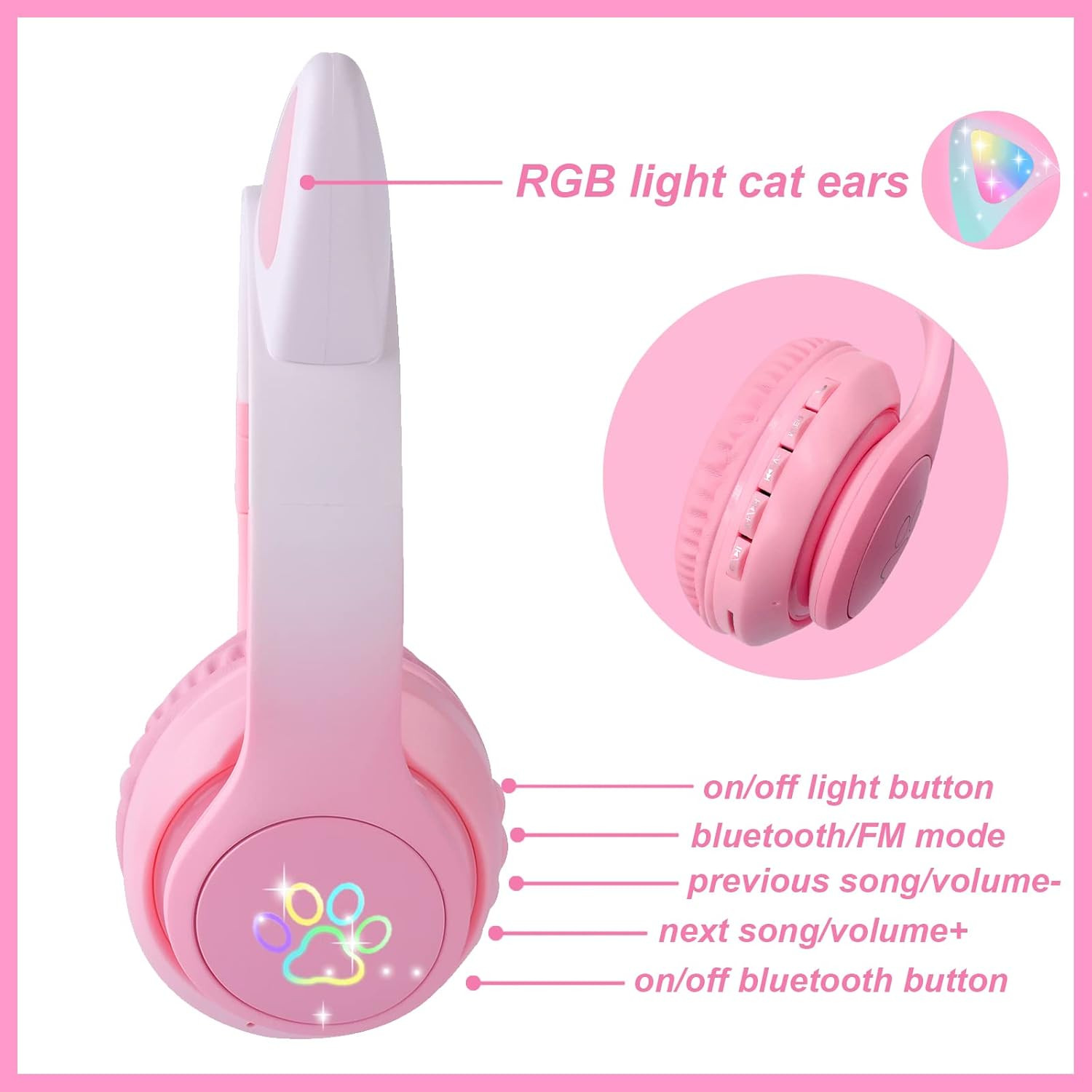 Cat Ear Kids Headphones Bluetooth, LED Light up Wireless/Wired Mode over Ear