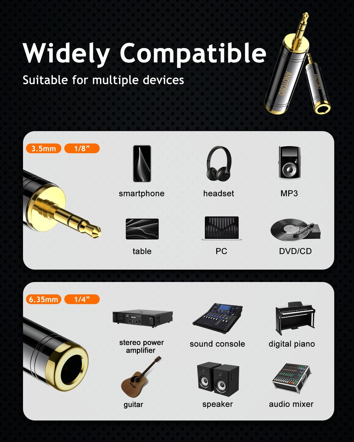 ANDTOBO 1/4” to 3.5 mm Stereo Pure Copper Headphone Adapter, 3.5 mm(1/8”) Plug