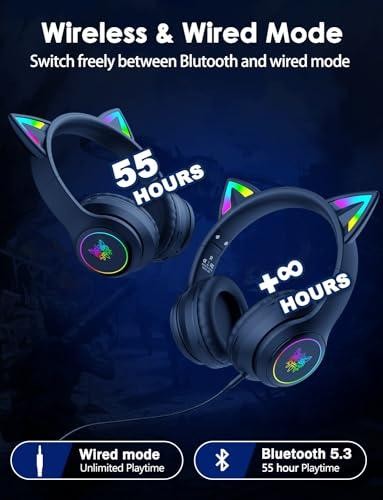Cat Ear Bluetooth Headphones for Kids & Adults, 55H Play Time, Wireless Foldable
