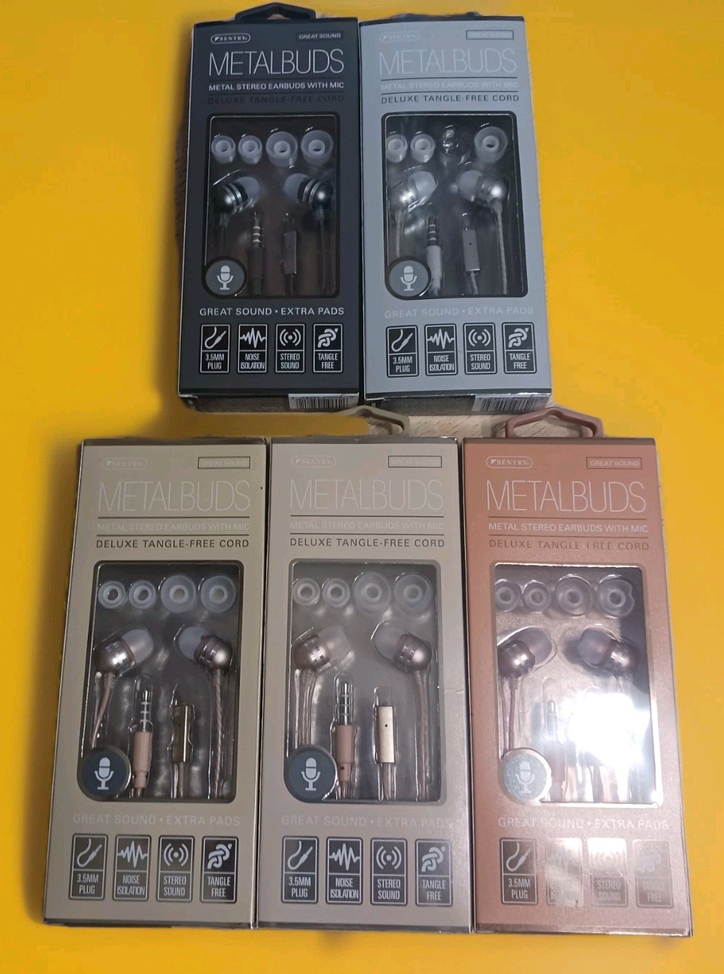 Sentry Metalbuds Ear Buds w/ Mic noise Isolation Tangle-Free Cord Lot Of 5