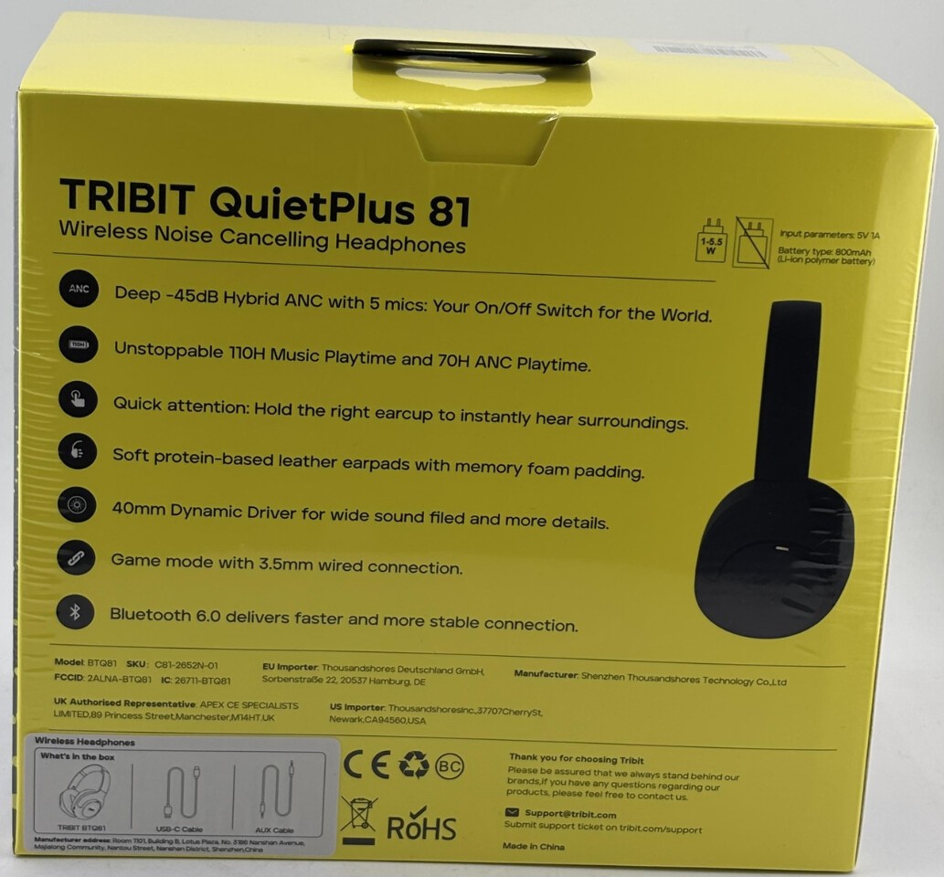 TRIBIT QUIETPLUS 81 WIRELESS NOISE CANCELLING HEADPHONES BTQ81 BLUETOOTH