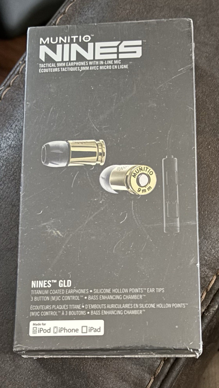 Munitio Nines 9mm Titanium Coated Earphones in-line Mic Tactical Gold- Brand New