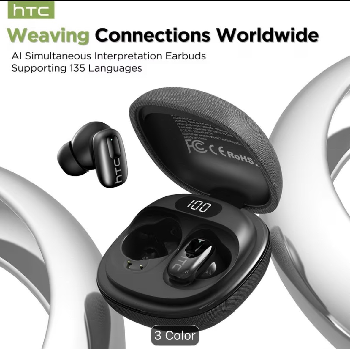 1pc HTC NE75 AI Open Wireless Translation Earphones – Support 135 Languages