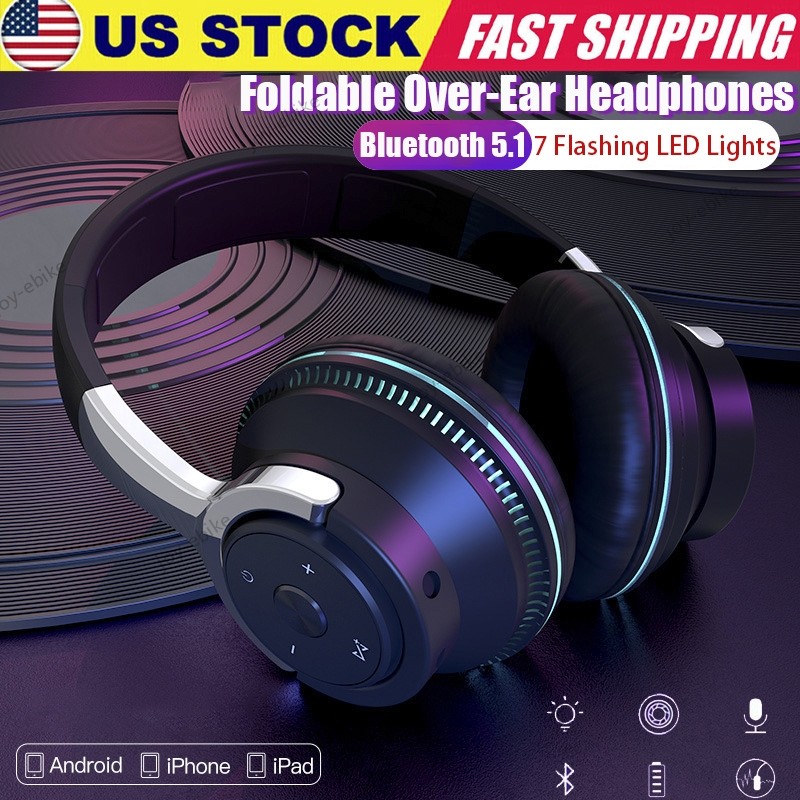 Wireless Bluetooth 5.1 Headphones Over Ear LED Headset Stereo Noise Cancelling