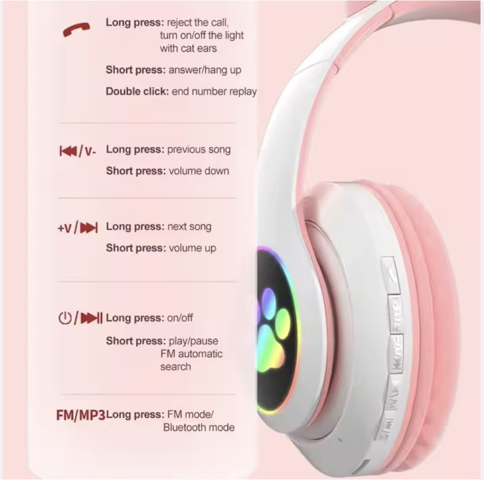 Kids Wireless Bluetooth Cat Ear Headphones LED Light Over Ear Headset