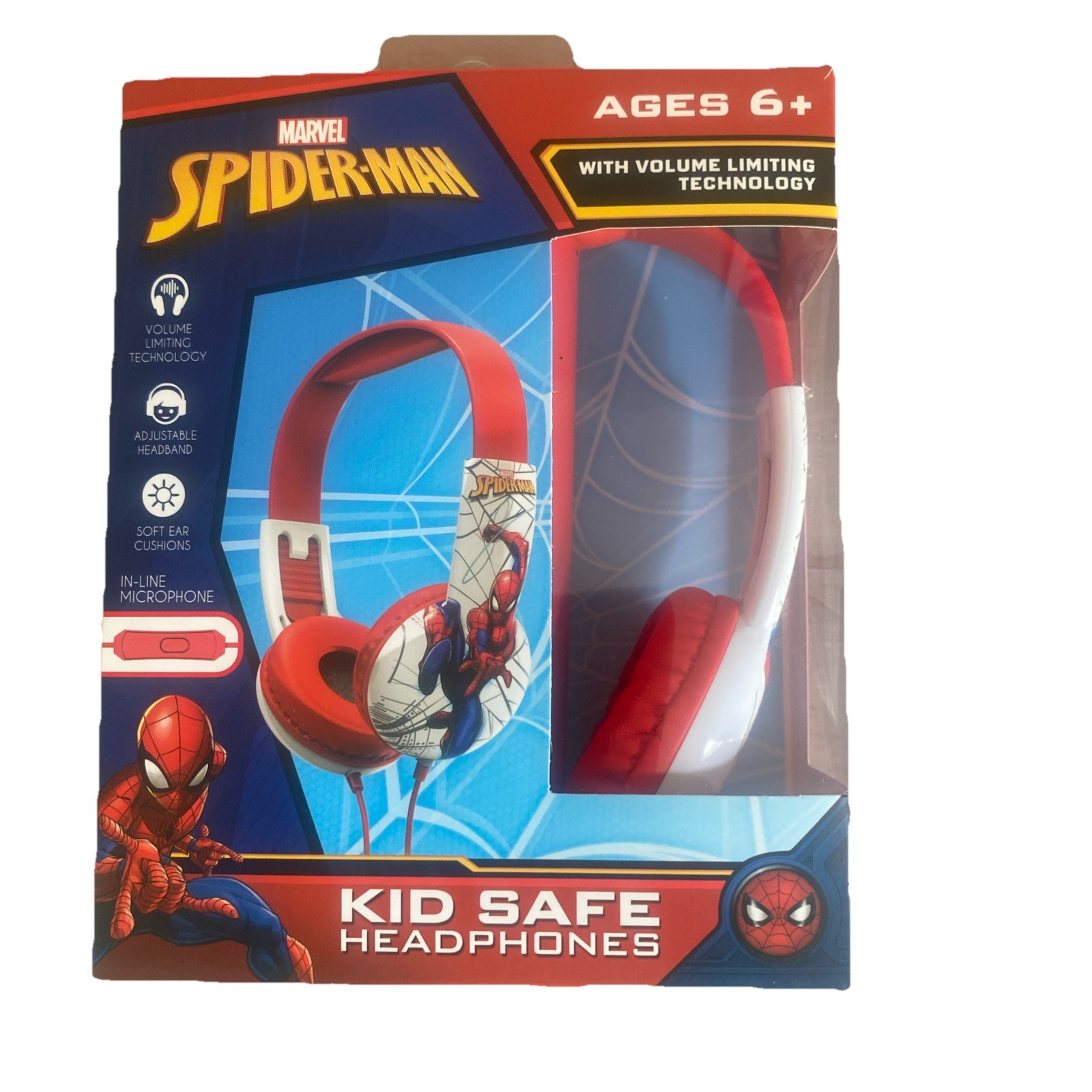 MARVEL SPIDER-MAN KID SAFE HEADPHONES IN LINE MIC ADJ HEADBAND NEW FREE SHIPPING