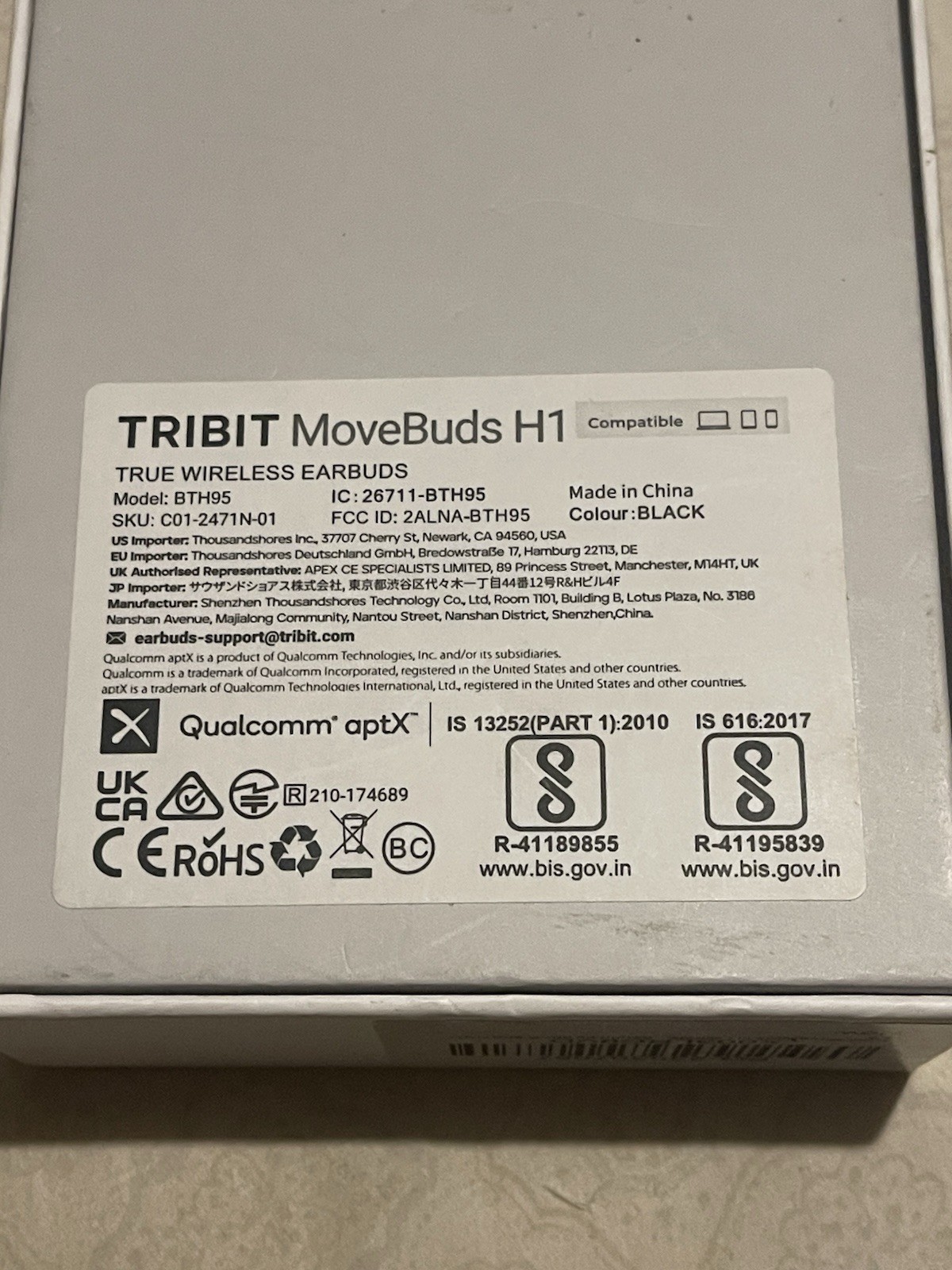 Tribit MoveBuds H1 True Wireless Bluetooth In-Ear Earbuds Black BTH95