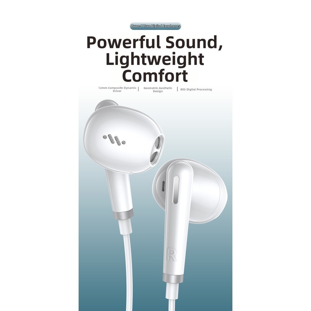 Type C 3.5mm Wired Earbuds with Mic 12mm Driver for Android Phones Computers
