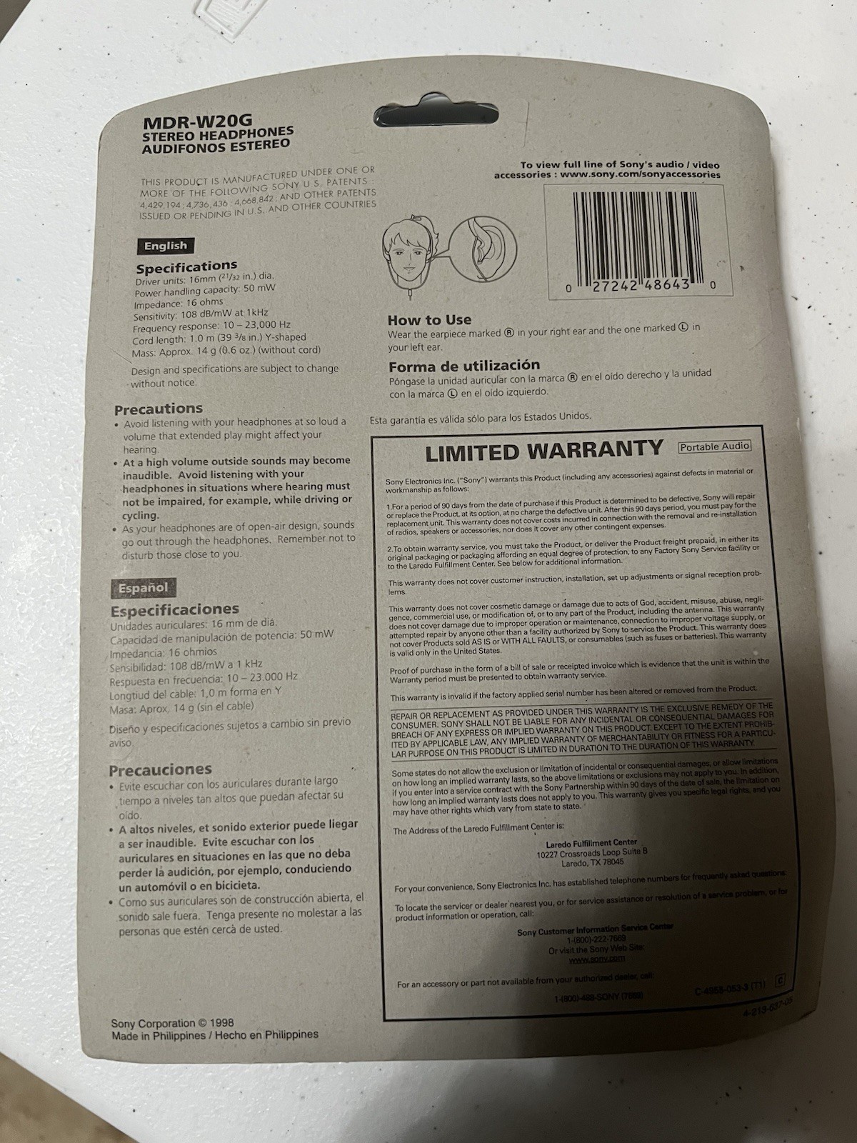 New Old Stock Sony Headphones MDR – W20G For Walkman 1998 Sealed Factory