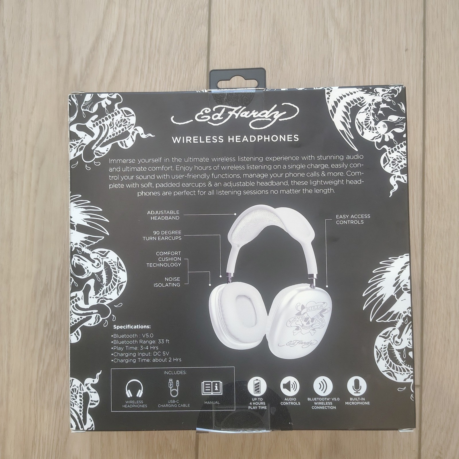 Ed Hardy Wireless Headphones White Love Kills Slowly Tattoo Bluetooth v5.0 New
