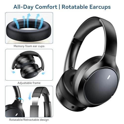 Hybrid ANC Wireless Over-Ear Headphones, 100H Playtime, Hi-Res Audio, Black
