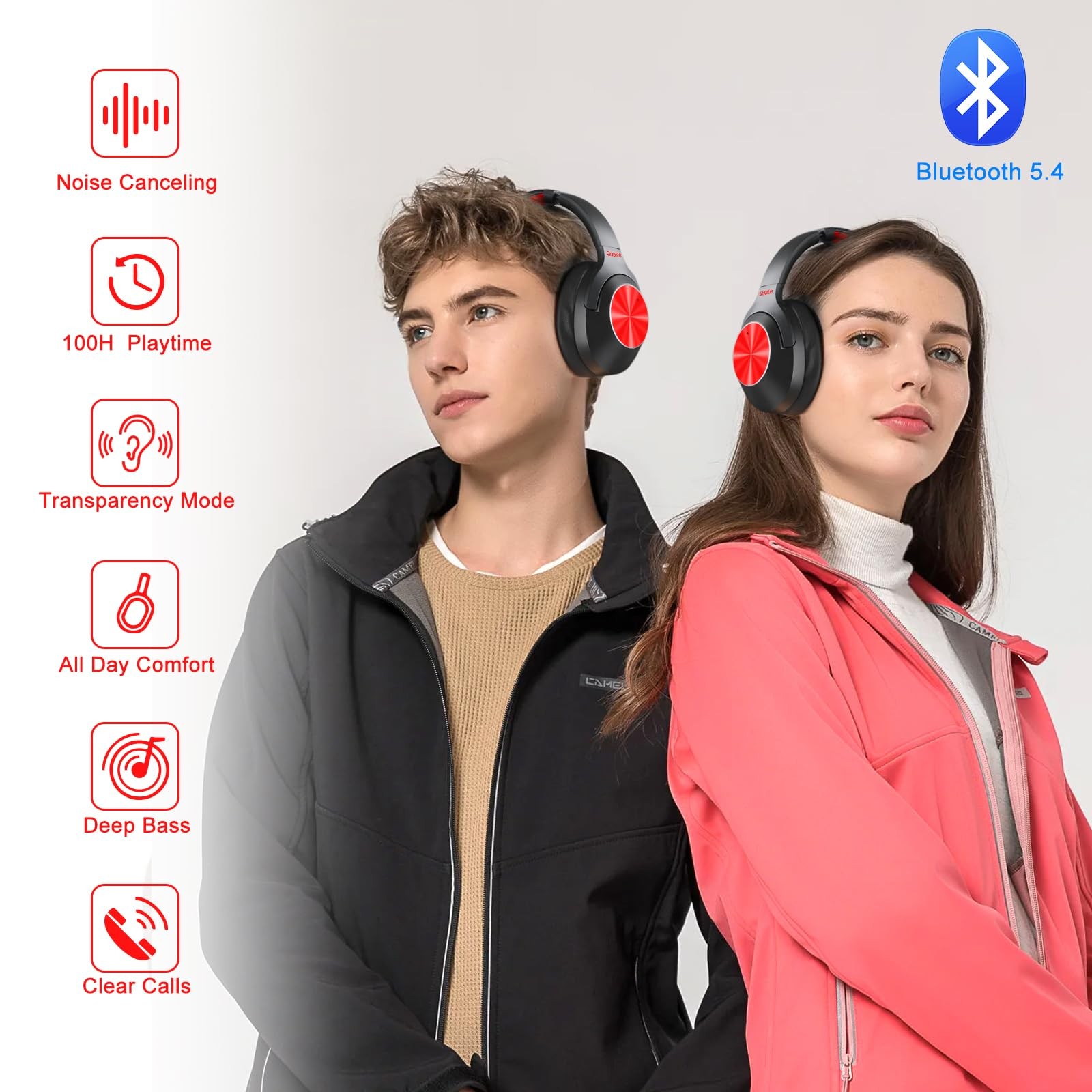 Hybrid Active Noise Cancelling Headphones – 2024 Upgraded Black and Red