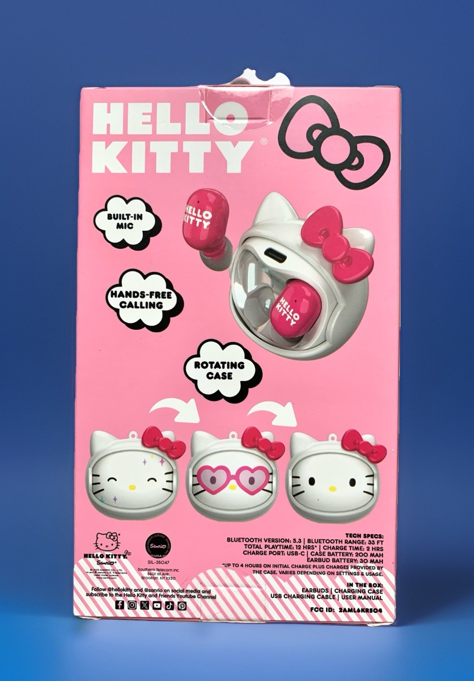 NEW Hello Kitty Bluetooth Wireless Earbuds w/Built-In Mic & 3-Face Charging Case