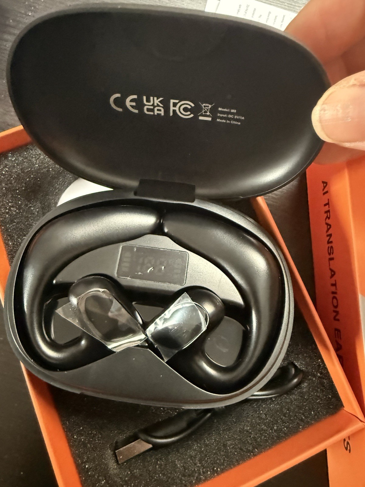AI Translation Ear-Hook Wireless Earbuds, USB-C Charging Case, Black, Double