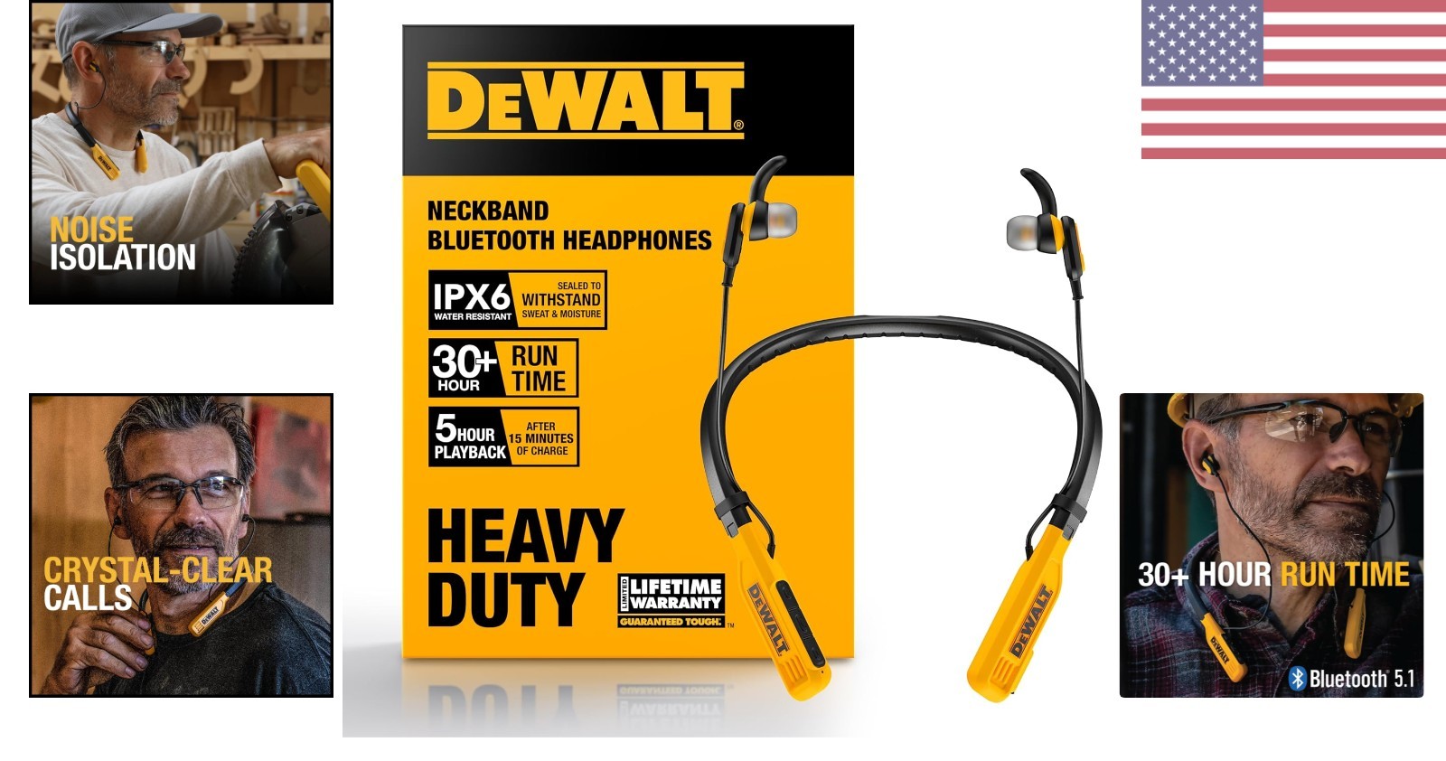 DEWALT Jobsite Pro Neckband Wireless Earphones – Black/Yellow NEW
