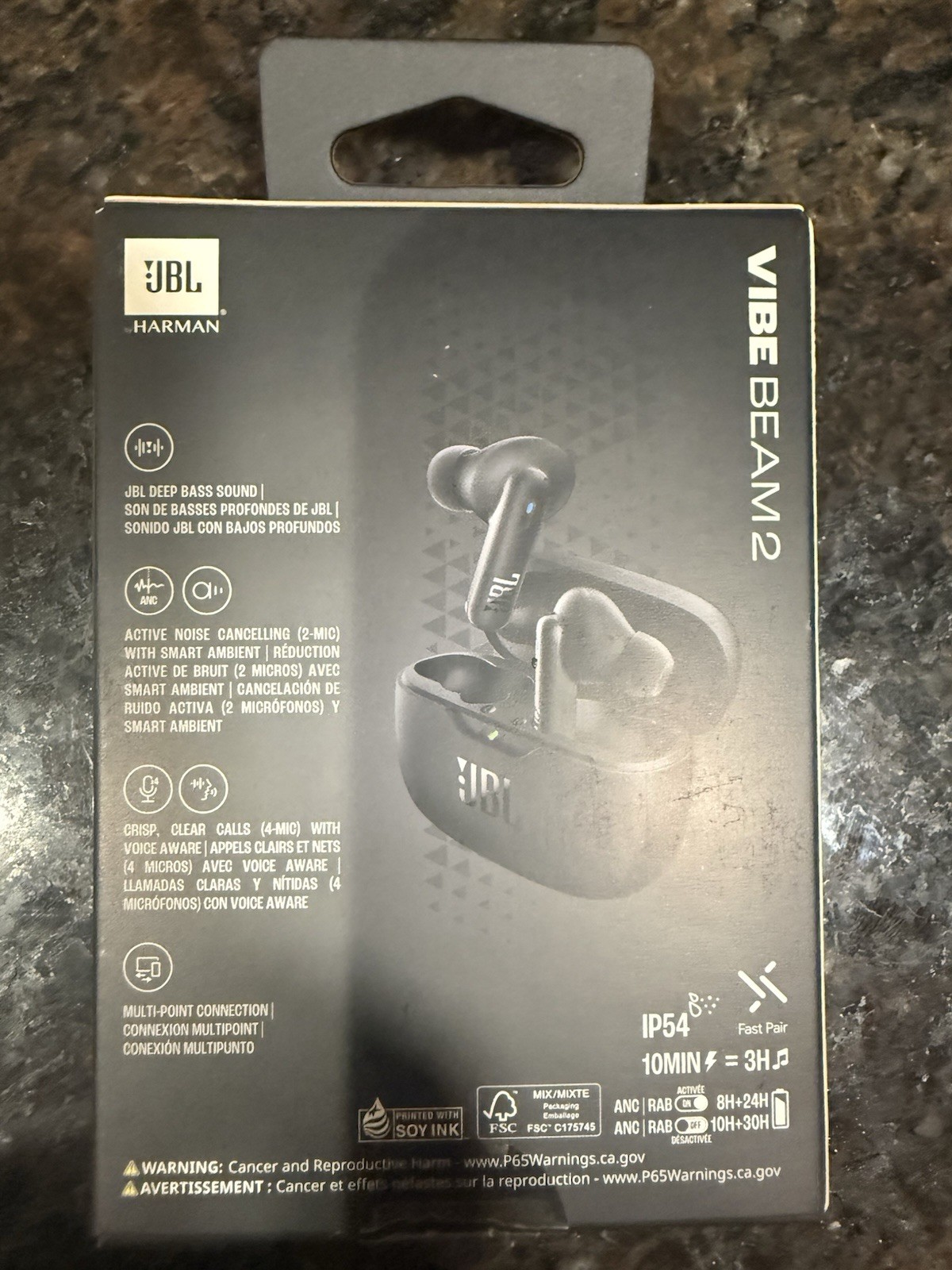 JBL Vibe Beam 2 Wireless Active Noise Cancelling Earbuds Black, NEW IN BOX